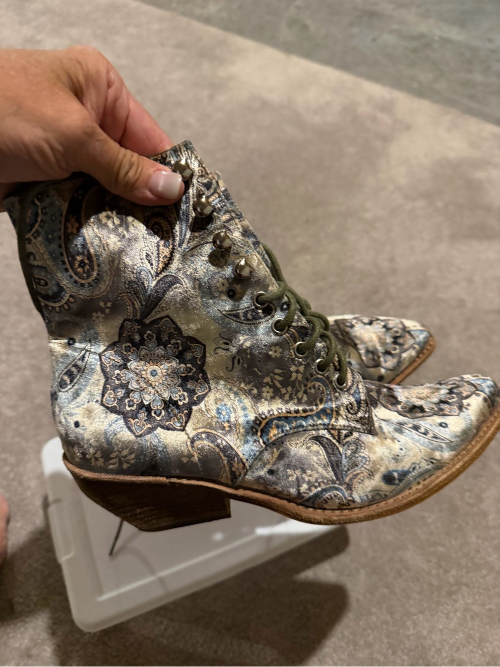 Jeffrey Campbell Paisley Lace-Up Ankle Boots in Olive and Metallic